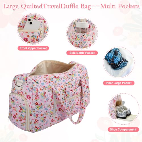 Pink Floral Quilted Weekender Duffel Bag Set with Shoe Compartment - color: Pink Print