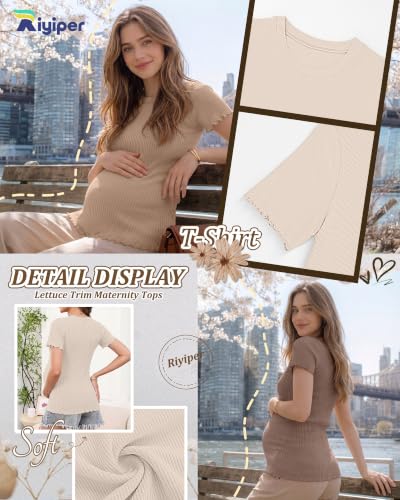 Riyiper 4 Pack Maternity Ribbed Knit Shirts for - color: Cream, Khaki, Light Brown, Black, size: Small