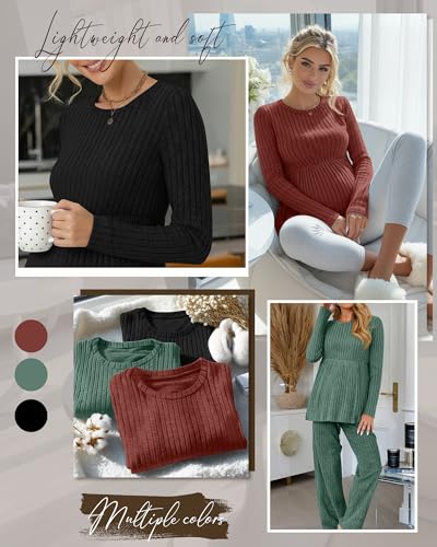 3 Pack Maternity Sweaters Long Sleeve Ribbed Shirts - color: Brick Red, Sapphire Green, Black, size: Small