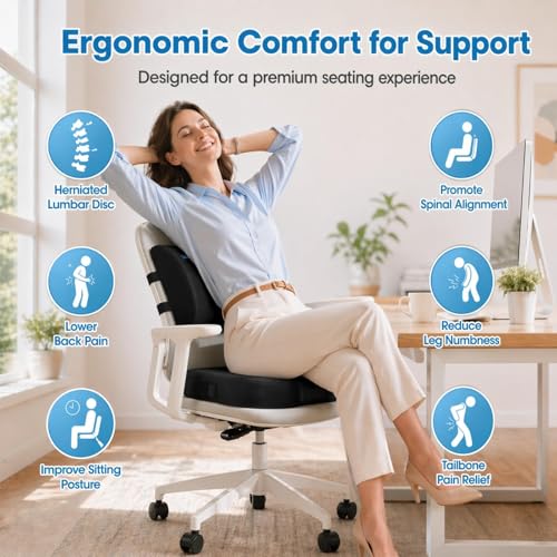 CloudBliss Ergonomic Seat Cushion & Lumbar Support Pillow Set, Black,Large - color: Black, size: Large