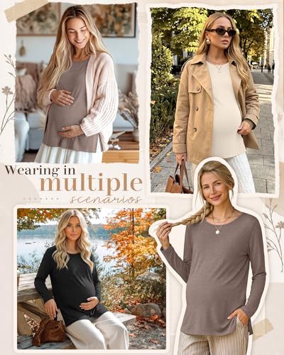 Riyiper 3 Pack Women Maternity Shirts Long Sleeve Pregnancy Tops - color: Camel, Cream, Black, size: X-Large