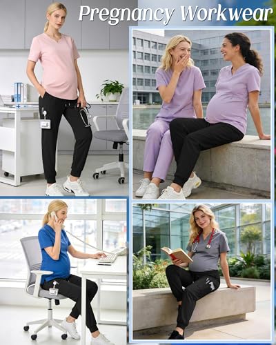 Xaatren Women's Maternity Scrub Joggers Pants with 6 Pockets - color: Black, size: Large