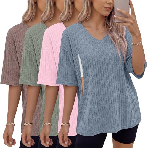 Ficerd 4 Pack Women's Oversize Nursing Shirts - color: Blue, Light Pink, Light Green, Light Coffee, size: XX-Large