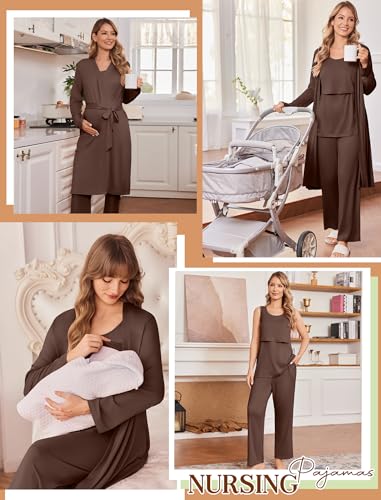 Maternity Sets Labor and Delivery Gown Postpartum Essentials Nursing Pajama - color: Coffee Brown, size: Medium