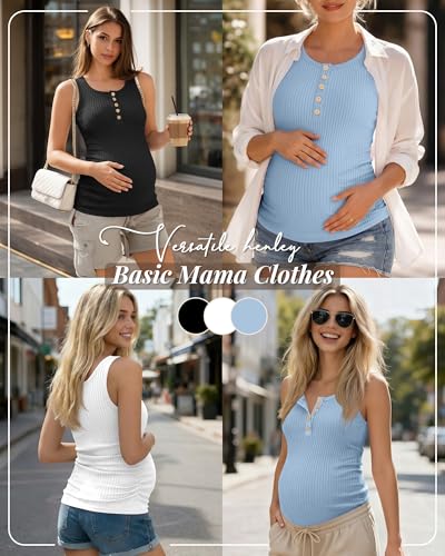 3 Pack Maternity Tank Tops Ribbed Tops - color: Dusty Blue, White, Black, size: Small