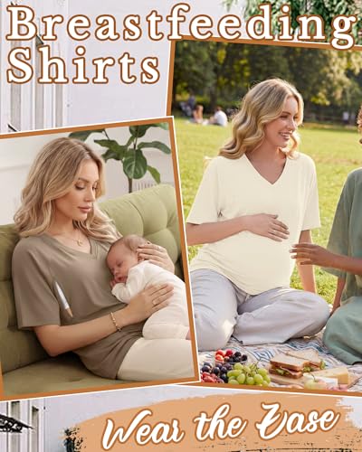 4 Pack Women's Nursing Short Sleeve Shirts - color: Khaki, Cream, Light Gray, Black, size: Medium