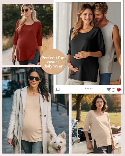 3 Pack Women's 3/4 Sleeve Maternity Loose Crewneck Tops - color: Coffee, Red, Beige, size: Medium