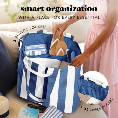 Fit & Fresh All The Things XL Beach Bag for Women, Oversized Travel Tote - color: Cobalt Stripe