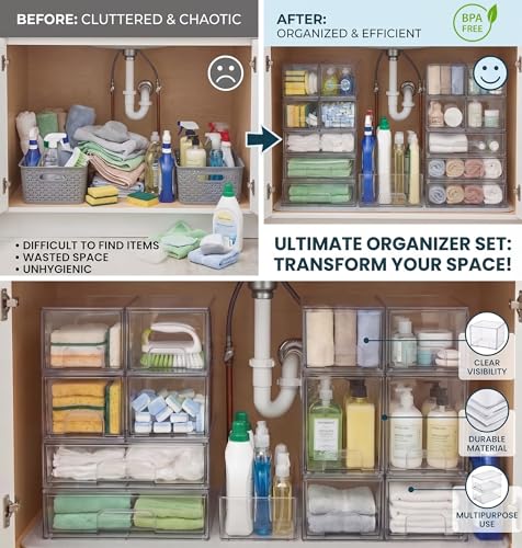 6-Pack Stackable Storage Drawers with Labels - Clear PET Pull-Out Organizer Bins for Pantry, Bathroom, Vanity, Cabinet, Countertop | Baby Bottle Organizer