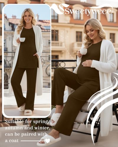 Women's 2 Piece Maternity Ribbed Pajama Outfit - color: Brown, size: Small