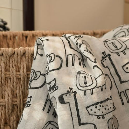 Muslin Swaddle Blankets for Newborn, Cotton Receiving Blanket - color: Grey Animals