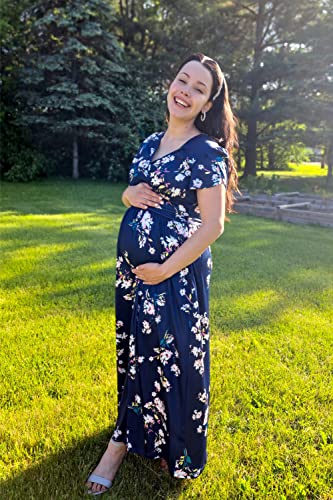 OUGES Women's Wrap V Neck Summer Maternity Photoshoot Dress with Pockets - color: Blue White Floral, size: Medium