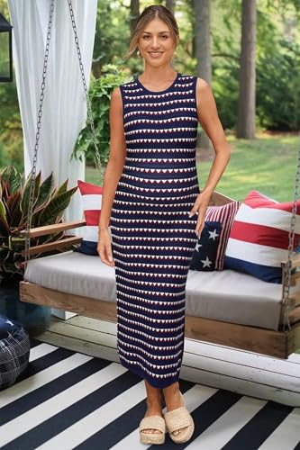 OUGES Women's Sleeveless Striped Bodycon Sweater Maternity Midi Dress - color: Blue Red Striped, size: XX-Large
