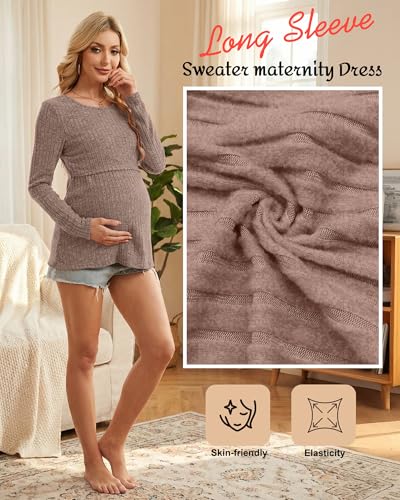 Cutecrop 3 Pack Women Maternity Tops Long Sleeve Pregnancy Shirts Double Front Layer Nursing Breastfeeding Postpartum Clothes - color: Black/Khaki/Coffee, size: X-Large