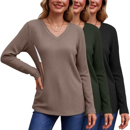 Huukeay 3 Pack Women's Waffle Knit Nursing Shirts - color: Coffee, Army Green, Black, size: Medium