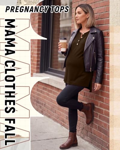 Ficerd Women Maternity Shirt Pregnant Long Sleeve Henley Top - color: Brown, size: Medium