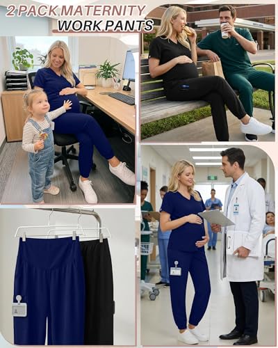 Oakgarden 2 Pack Women's Maternity Scrub Pants Pregnancy Scrubs - color: Black, Navy Blue, size: Medium