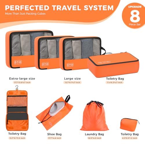 8-Piece Compression Packing Cubes for Travel Carry On, Luggage Organizers - color: Orange-8 Set