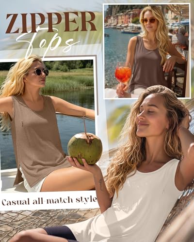Ficerd 3 Pack Women's Oversized Nursing Tank Tops with Zipper - color: Cream, Camel, Brown, size: Small