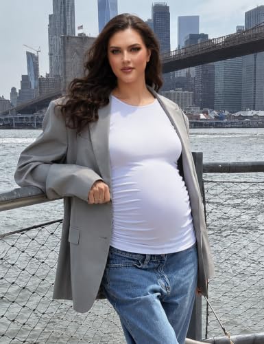 Maternity Shirt Long Sleeve Basic Top Ruch Sides Bodycon Tshirt for Pregnant Women - color: White, size: XX-Large