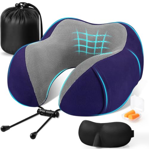 CloudBliss Neck Pillow for Airplanes, Memory Foam Travel Pillow, Navy - color: Navy