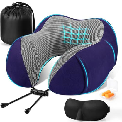 CloudBliss Neck Pillow for Airplanes, Memory Foam Travel Pillow, Navy - color: Navy
