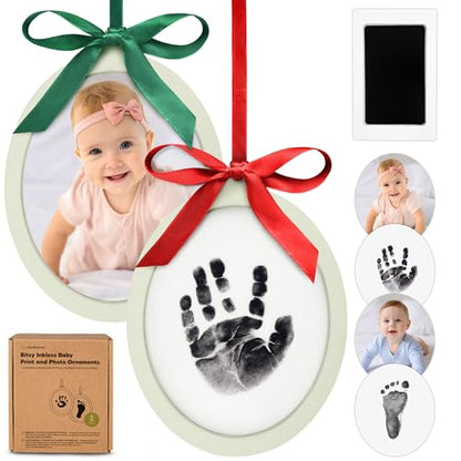 Inkless Baby Hand and Footprint Kit, Two-Sides Ornament (Oval/Sage) - color: Sage