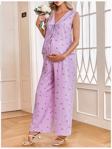 MakeMeChic Women's Maternity Summer 2 Piece Outfits Pregnancy Boho Vacation Striped Bow Top and Pants Set - color: Purple, size: Medium