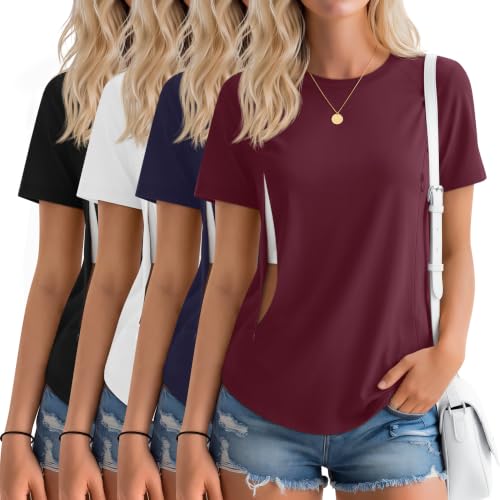 Huukeay 4 Pack Women's Nursing Breastfeeding T-Shirts - color: Wine Red, Navy Blue, White, Black, size: X-Large
