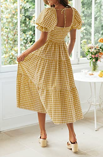 ZESICA Women's Summer Boho Gingham Puff Sleeve Square Neck Beach Midi Dress - color: Ginger, size: X-Large