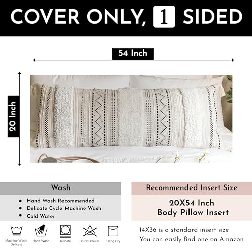 BlissBlush 20X54 Oversized Large Lumbar Pillow Cover for Bed, Rectangular Long Decorative Throw Pillowcase, Cotton Boho Accent Cushion with Black Tufted Pattern and Tassels, Cream Neutral (Cover Only) - color: Black, size: 54" x 20" (Pack of 1)