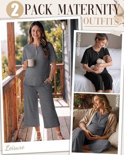 2 Pack Maternity Lounge Outfits - color: Black, Dark Mix Gray