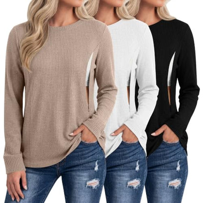 Neer 3 Pack Women's Nursing Hidden Zipper Long Sleeve Shirts - color: Khaki, White, Black, size: Large