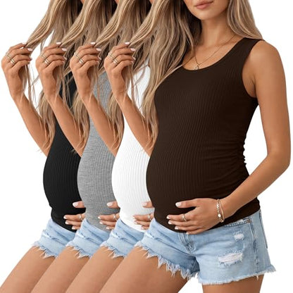 Ficerd 4 Pack Women's Maternity Tank Cotton Tops - color: Black, Light Heather Gray, White, Coffee, size: Small
