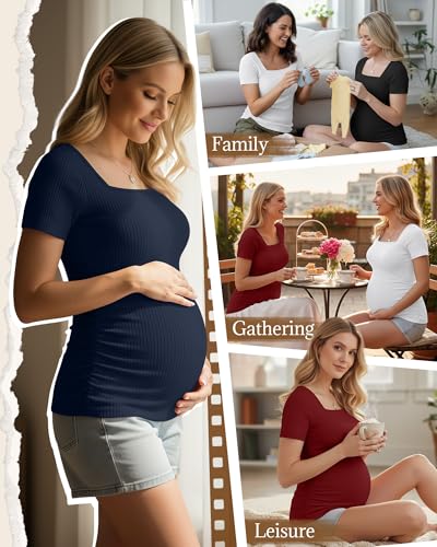 Huukeay 4 Pack Women's Short Sleeve Maternity Shirts - color: Black, White, Navy Blue, Wine Red, size: Medium