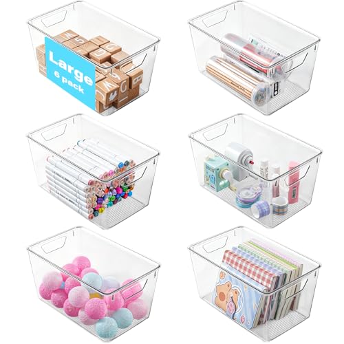 6 Pack Large Clear Storage Bins with Lids, Plastic Arts and Craft Storage Containers, Stackable Clear Plastic Craft Storage Bins with Handles for Classroom Storage Organization,Kitchen, Fridge, Office - color: Large