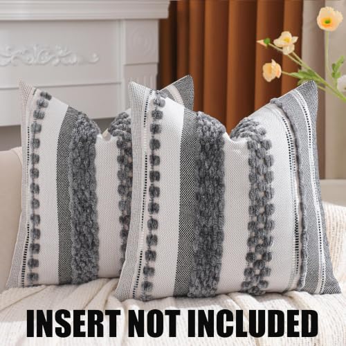 Boho Throw Pillow Covers Neutral Farmhouse Pillow Case Gray - color: Gray Stripe, size: 18" x 18" (Pack of 2)