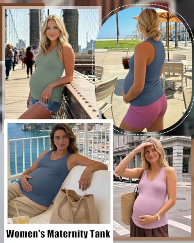 3 Pack Maternity Tank Tops Ribbed V Neck - color: Haze Blue, Pink, Gray Green, size: Medium