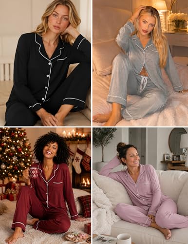 ZMJ Womens Pajama Sets 2 Piece Long Sleeve Button Down Sleepwear with Pants - color: Black, size: Medium
