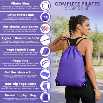 Pilates Kit for Women 13PCS, Pilates Ring Ball Resistance Bands Workout Set - color: Purple