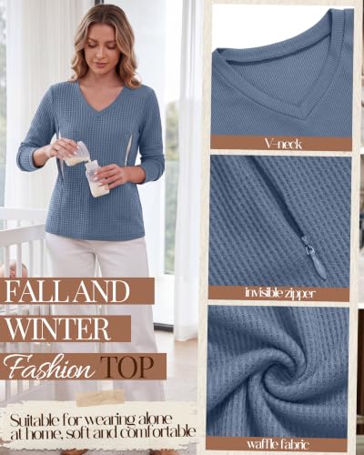 Huukeay 3 Pack Women's Waffle Knit Nursing Shirts - color: Light Blue, Light Gray, Haze Blue, size: X-Large