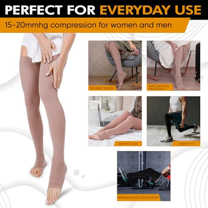 Doc Miller Thigh High Open Toe Compression Stockings 15-20mmHg - color: Beige, size: X-Large