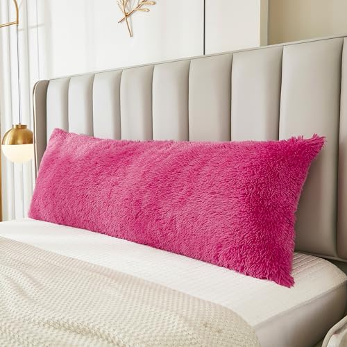 JAUXIO Faux Fur Fluffy Body Pillow Cover Luxury Shaggy Plush Decorative Solid Body Pillowcase, Ultra Soft and Cozy Zipper Closure 21 x 54 Inches, Hot Pink - color: Hot Pink
