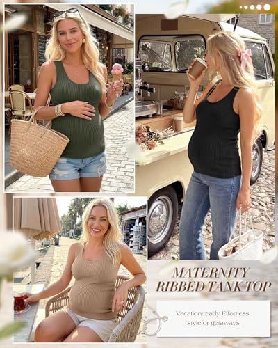 Ficerd 3 Pack Women's Maternity Ribbed Tank Tops - color: Camel, Army Green, Black, size: XX-Large