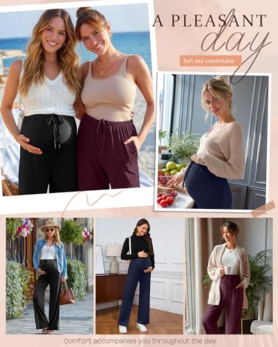 3 Pack Maternity Wide Leg Pants Pregnancy Pants - color: Wine Red, Blue Gray, Black, size: Large