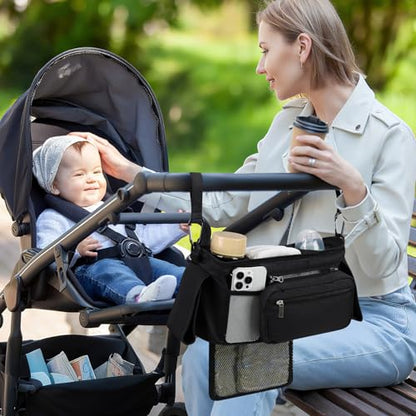 Accmor Universal Stroller Organizer with Insulated Cup Holder - color: All Black/Detachable Diaper Pocket