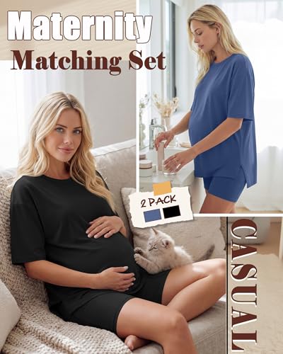 Huukeay 2 Pack Women Maternity Set Pregnancy Outfits - color: Haze Blue, Black, size: Medium