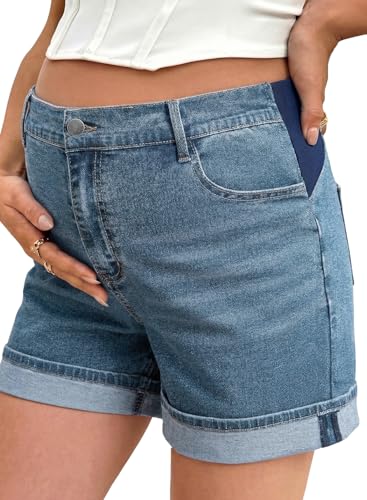 BLENCOT Women's Summer Maternity Jean Shorts Fold Hem Stretchy Denim Pants - color: Light Blue, size: Large