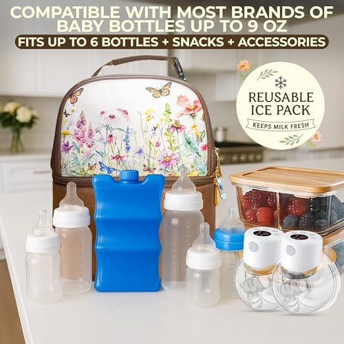 insulated breast pump bag with ice pack fits 6 baby bottles floral print waterproof easy to clean portable travel cooler for working moms
