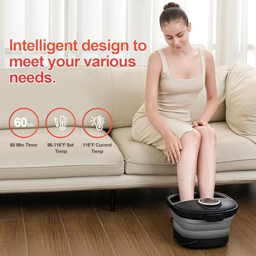 GEHONA Collapsible Foot Spa Bath with Heat, Foot Massager with Two Side Supports, Leakage Protector, Temperature Control, Bubbles, Red Light, Timer, Feet Soaker, Gifts (Deep Black) - color: Deep Black